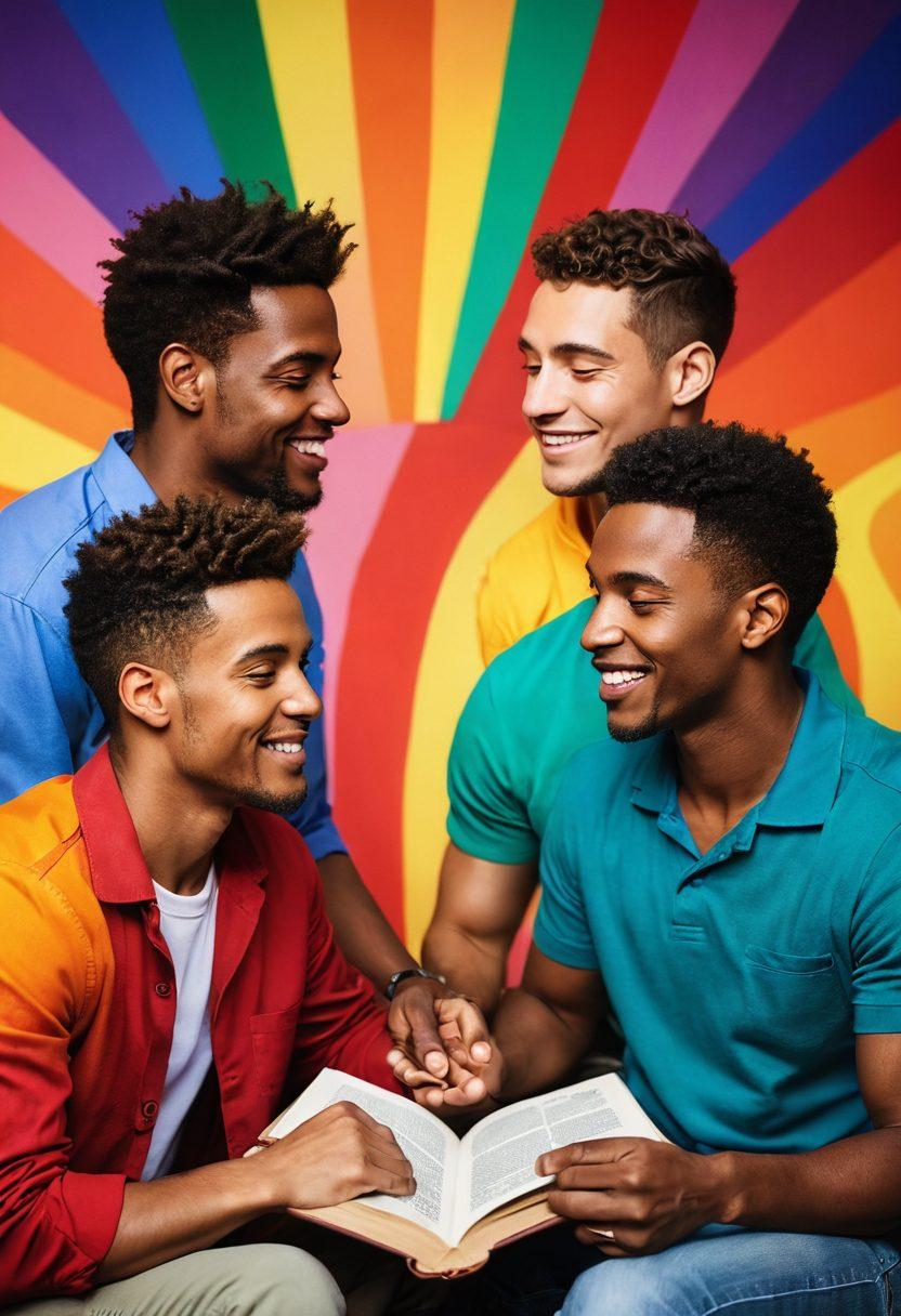 A diverse group of men engaged in a lively conversation about intimacy, surrounded by symbols of love and connection such as hearts and rainbow flags. Soft lighting creates an intimate atmosphere, while elements like intertwined hands and open books symbolize understanding and exploration. The background features a gradient of warm colors to evoke comfort and acceptance. Illustrate a sense of community and openness in relationships. vibrant colors. soft focus.