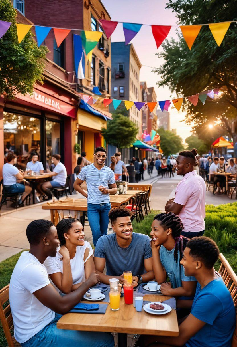 A vibrant urban scene showcasing a diverse group of LGBTQ+ individuals engaged in various dating activities, from a casual meetup at a café to a romantic sunset stroll in the park. Incorporate elements like heart-shaped decorations, colorful pride flags, and a warm, inviting atmosphere that represents connection and love. The backdrop should include iconic city landmarks to symbolize exploration and adventure. super-realistic. vibrant colors. 3D.